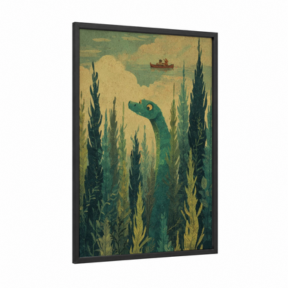 Loch Ness Enchantment framed loch ness monster print — black wood frame — dark green and yellow gold palette