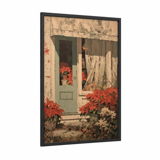 Cottage Poinsettias framed art print — black wood frame — red and beige palette