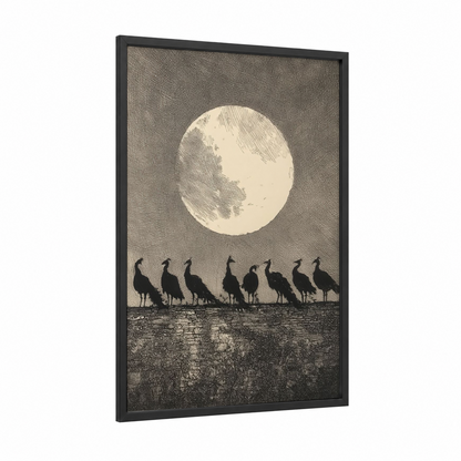Moonlit Peacock Gathering framed art print — black wood frame — black and white palette