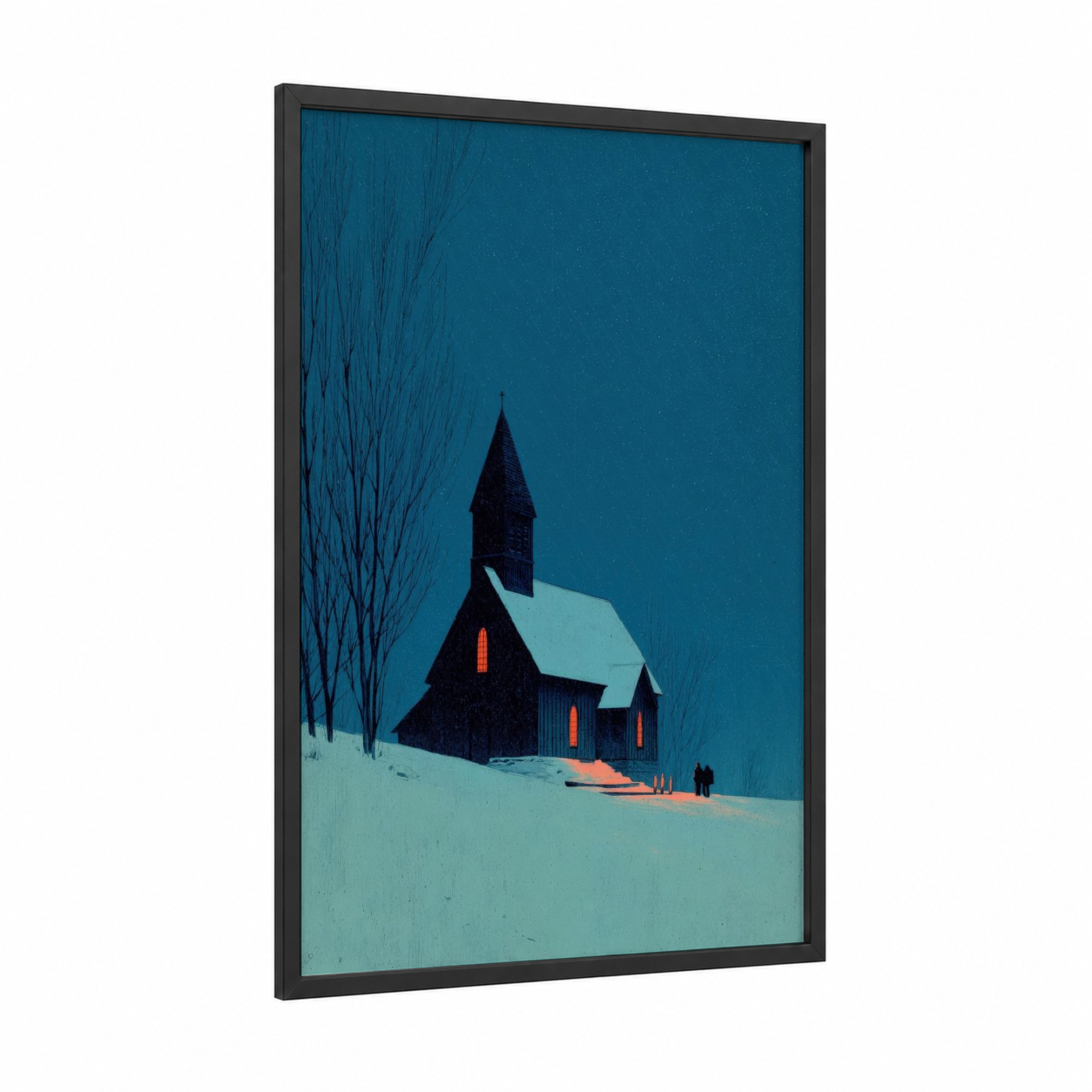 Snowy Chapel Night framed churches and chapels print — black wood frame — blue and black palette