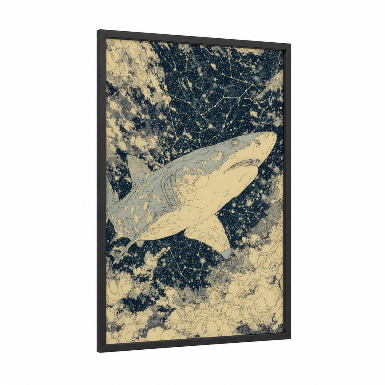 Celestial Shark framed sand tiger shark print — black wood frame — cream and black palette