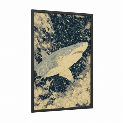 Celestial Shark framed sand tiger shark print — black wood frame — cream and black palette