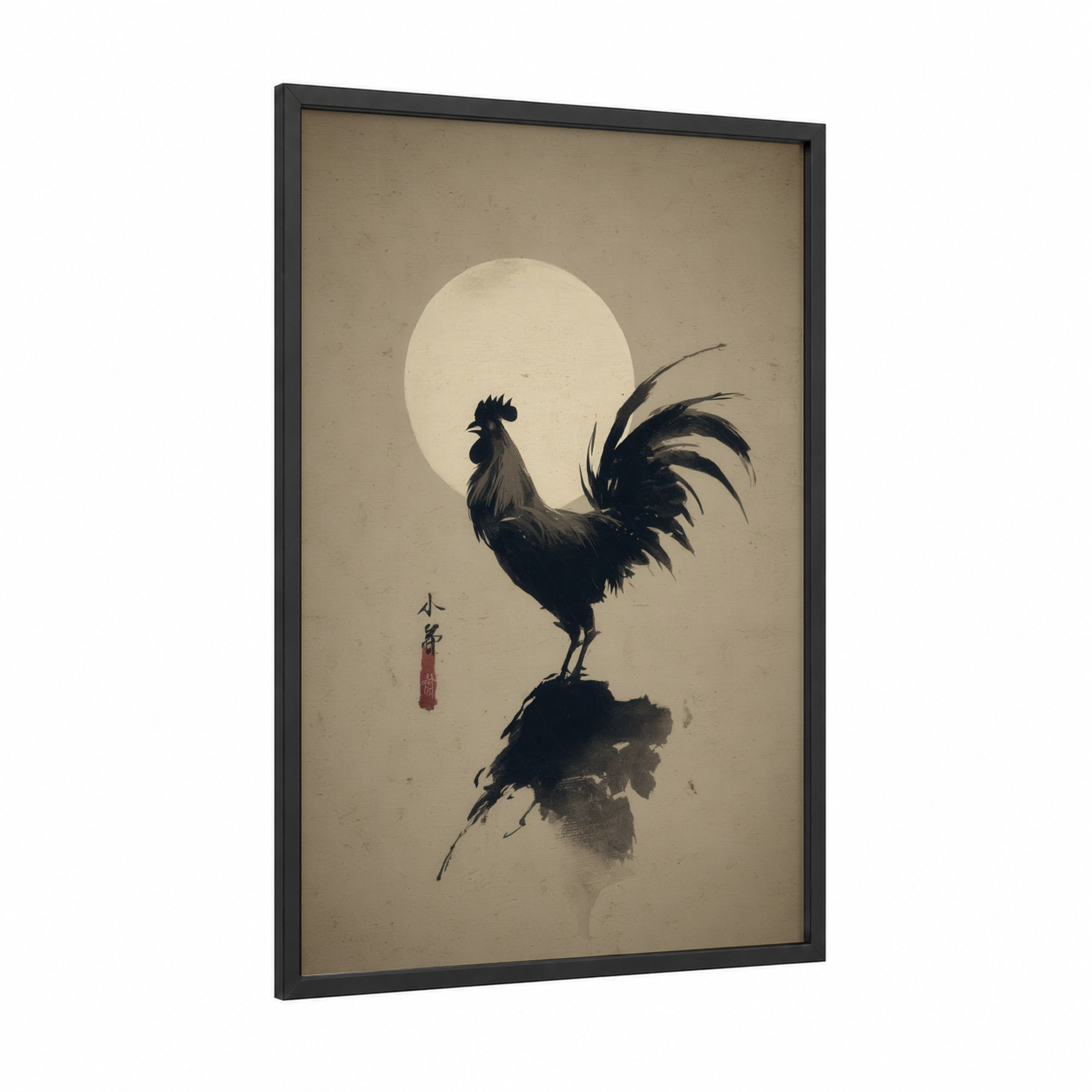 Moonlit Rooster framed chicken and roosters print — black wood frame — cream and black and white palette