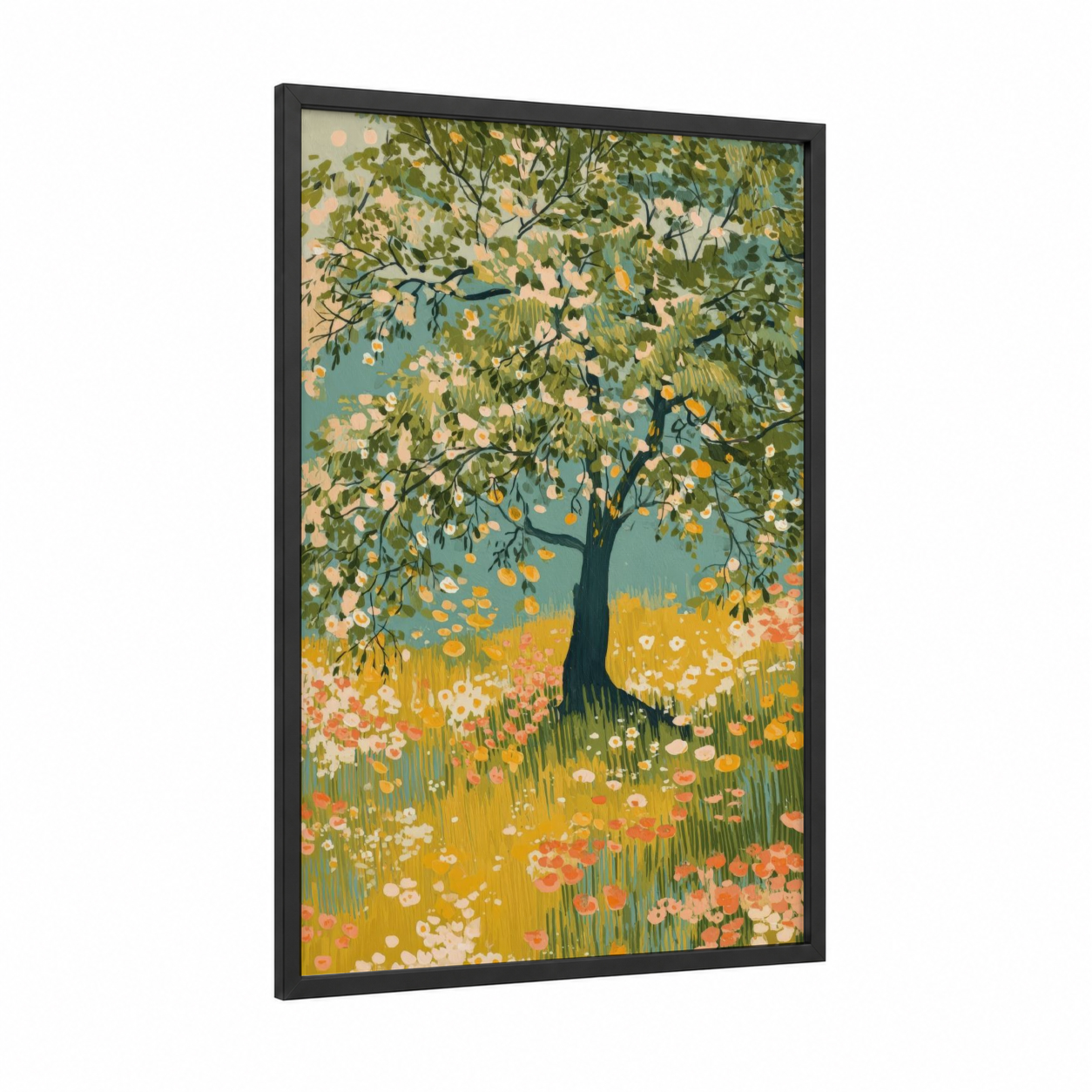 Golden Linden Tree framed art print — black wood frame — gold and sage green palette
