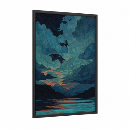 Twilight Ocean Glow framed seascapes and ocean print — black wood frame — teal and gold palette