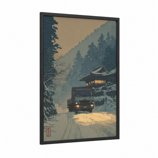 Snowy Mountain Truck framed art print — black wood frame — teal and gold palette