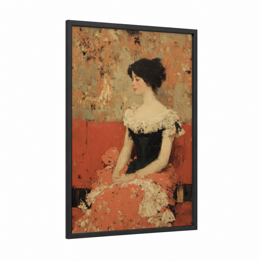 Crimson Elegance framed vintage fashion print — black wood frame — russet and cream palette