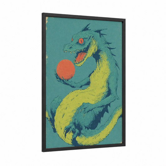 Crimson Basilisk framed art print — black wood frame — teal and yellow gold palette