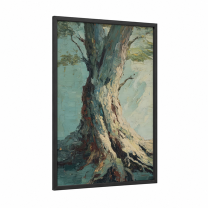 Ancient Banyan framed banyan tree print — black wood frame — teal and cream palette