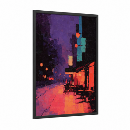 Neon Jazz Night framed art print — black wood frame — purple and red palette