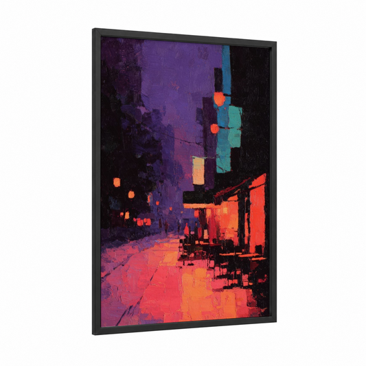 Neon Jazz Night framed art print — black wood frame — purple and red palette