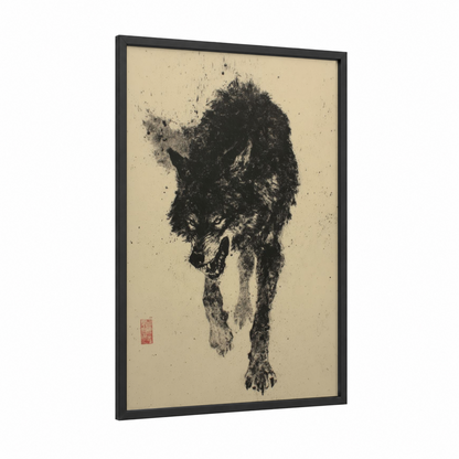 Prowling Wolf framed art print — black wood frame — black and white palette
