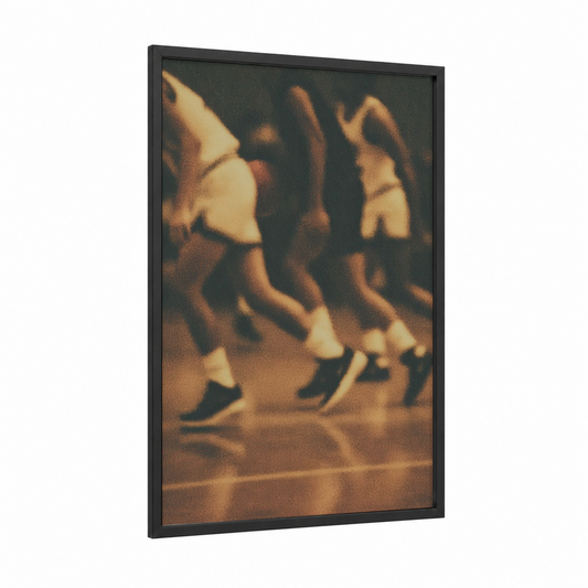 Vintage Basketball Movement framed art print — black wood frame — gold and black palette