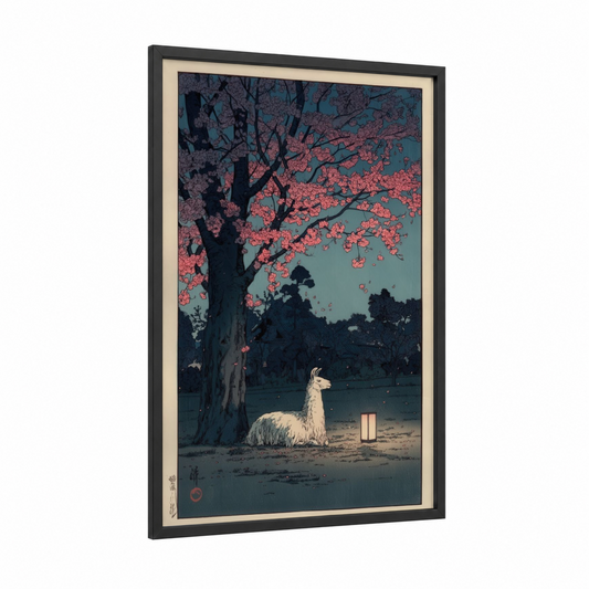 Twilight Llama framed art print — black wood frame — teal and salmon pink palette