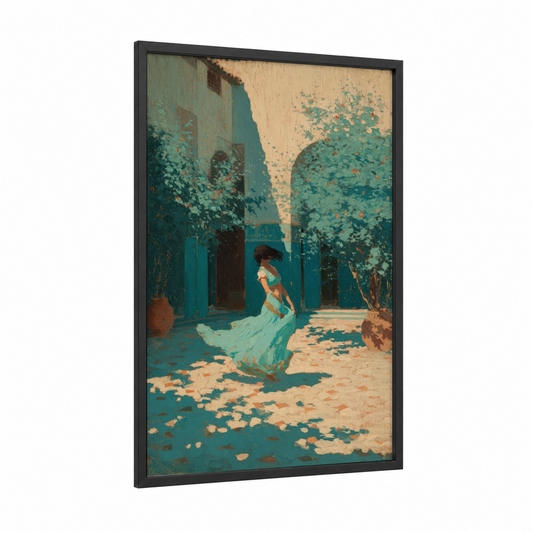 Courtyard Dancer framed belly dance print — black wood frame — teal and cream palette