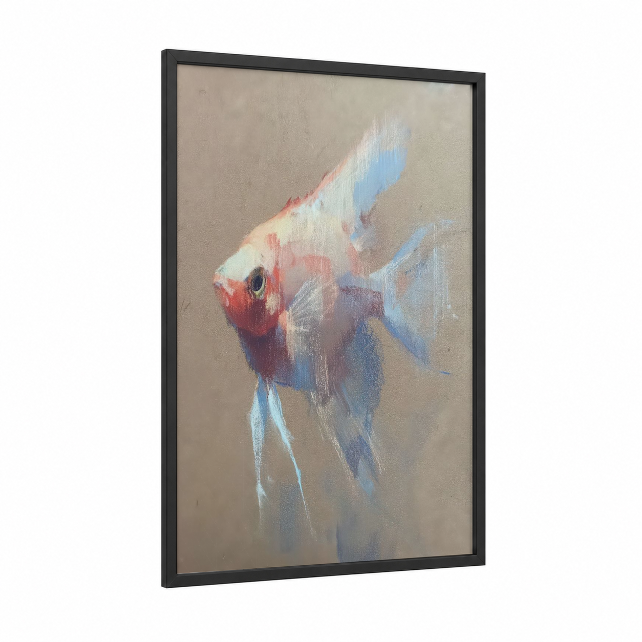 Crimson Angel Fish framed art print — black wood frame — red and blue palette