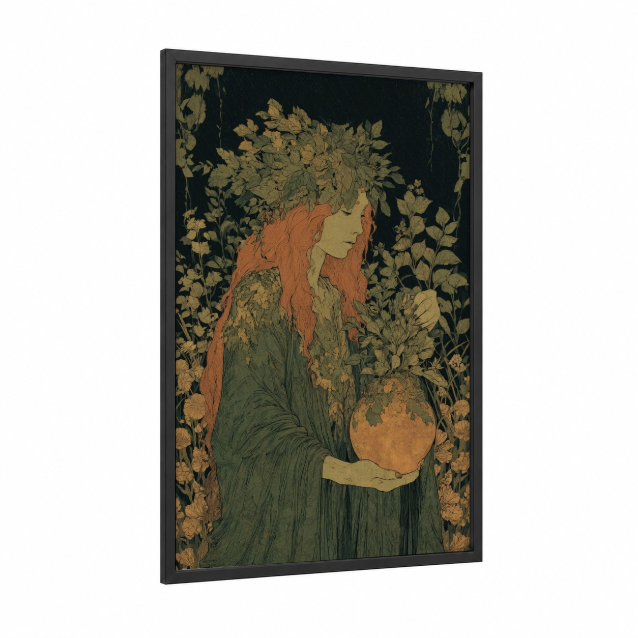 Autumn Herbalist framed magic and witchcraft print — black wood frame — gold and dark green palette