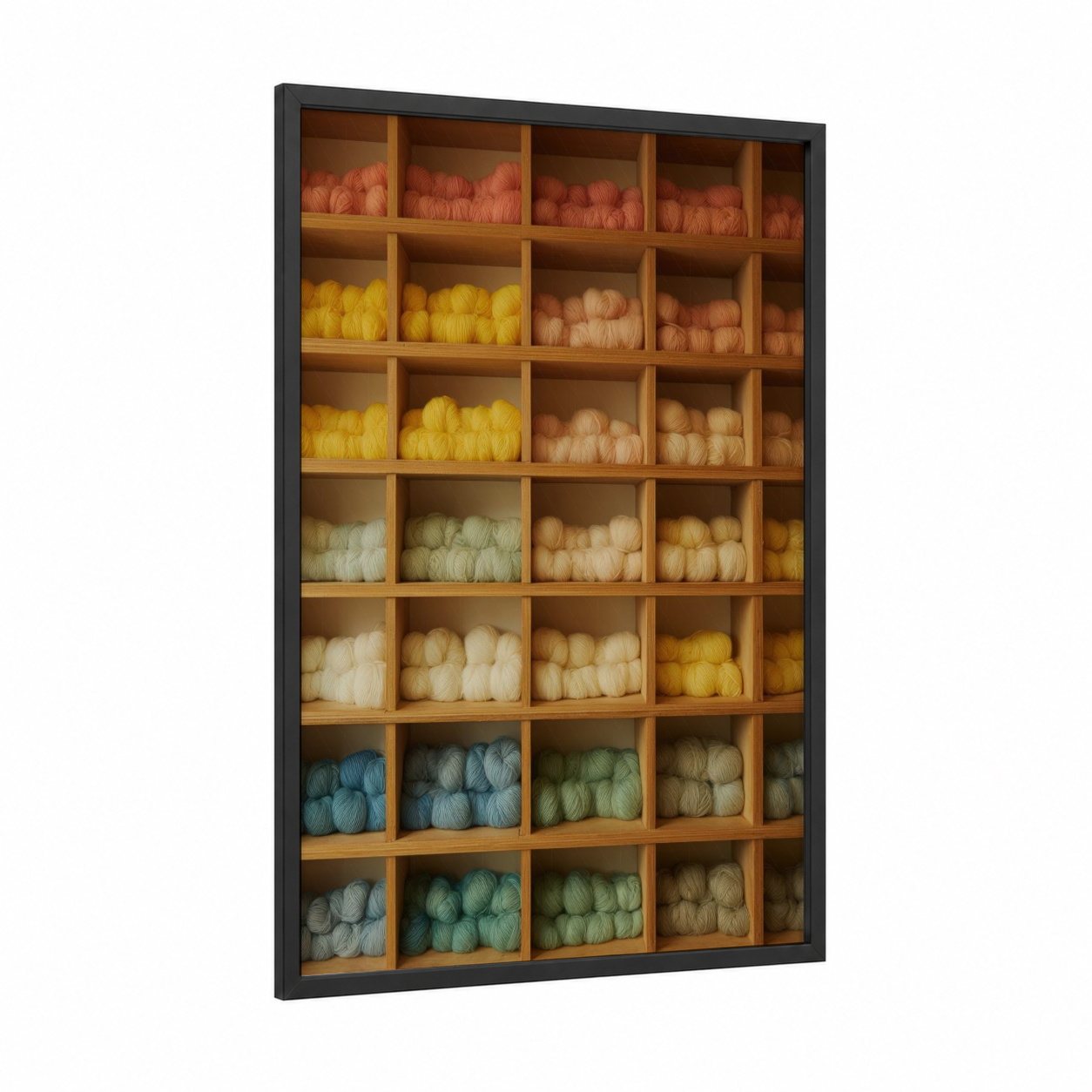 Yarn Stash Shelves framed knitting and sewing print — black wood frame — gold and peach palette