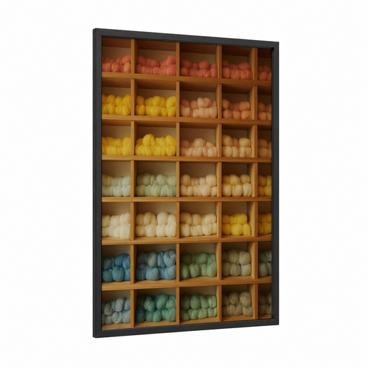 Yarn Stash Shelves framed knitting and sewing print — black wood frame — gold and peach palette