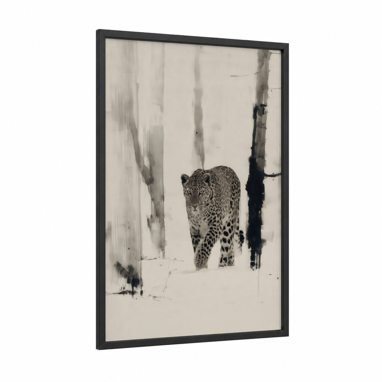 Snowy Leopard framed art print — black wood frame — black and white and gray palette