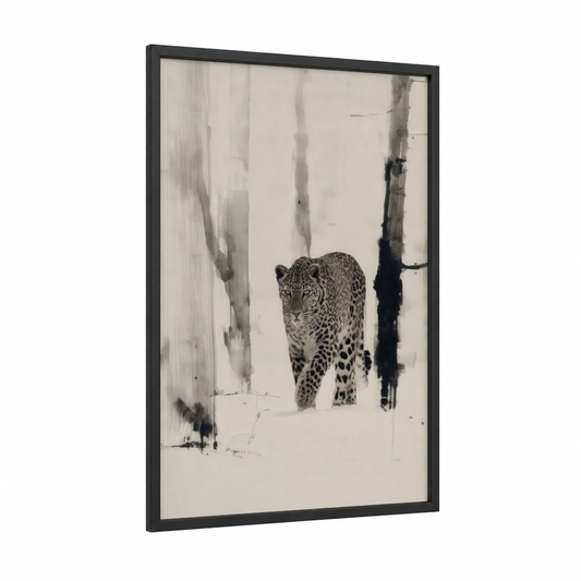 Snowy Leopard framed art print — black wood frame — black and white and gray palette