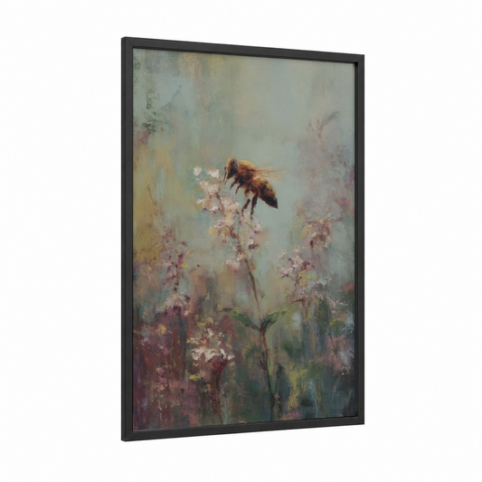 Golden Bee Bloom framed art print — black wood frame — sage green and gray palette