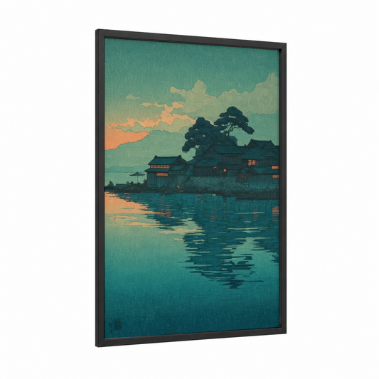 Twilight Village framed art print — black wood frame — teal and gold palette