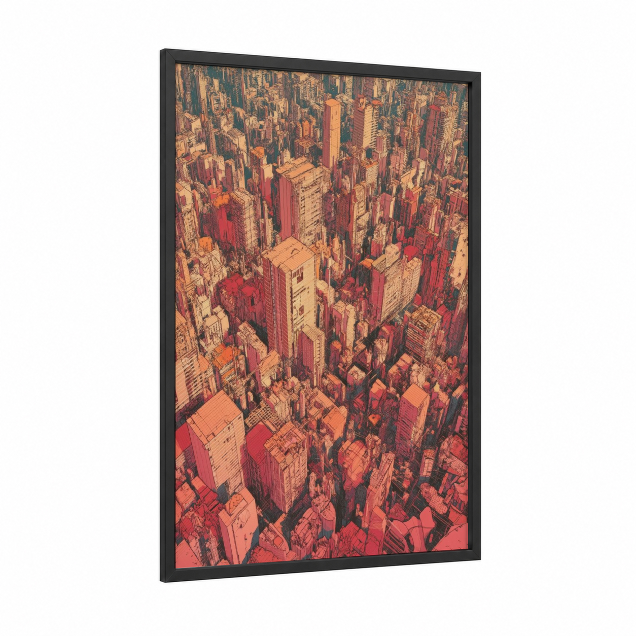 Crimson Metropolis framed abstract architecture print — black wood frame — red and gold palette