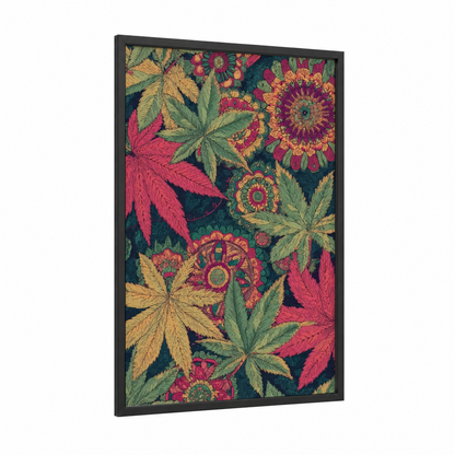 Botanical Cannabis Tapestry framed art print — black wood frame — gold and magenta palette
