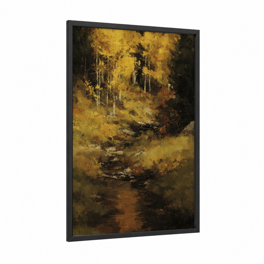 Golden Aspen Grove framed aspen forest print — black wood frame — yellow gold and brown palette