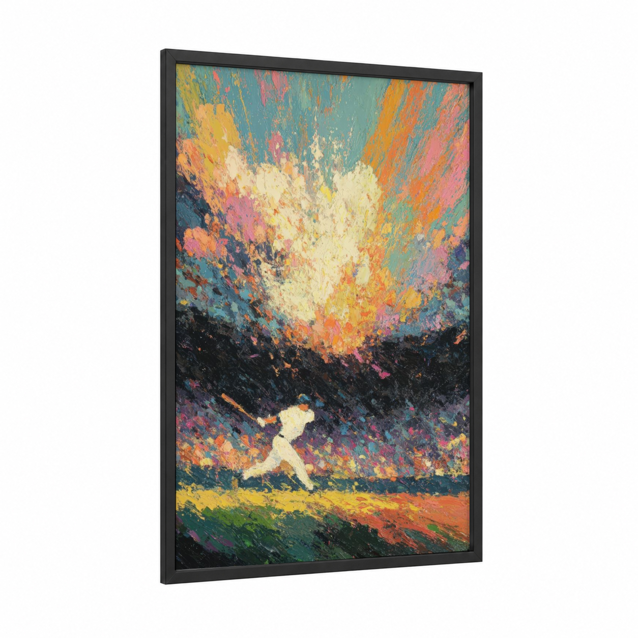 Explosive Baseball framed art print — black wood frame — gold and teal palette