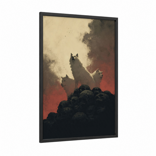 Mythical Cerberus framed art print — black wood frame — cream and maroon palette