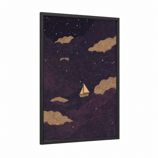Starlit Sailboat framed sailing print — black wood frame — gold palette