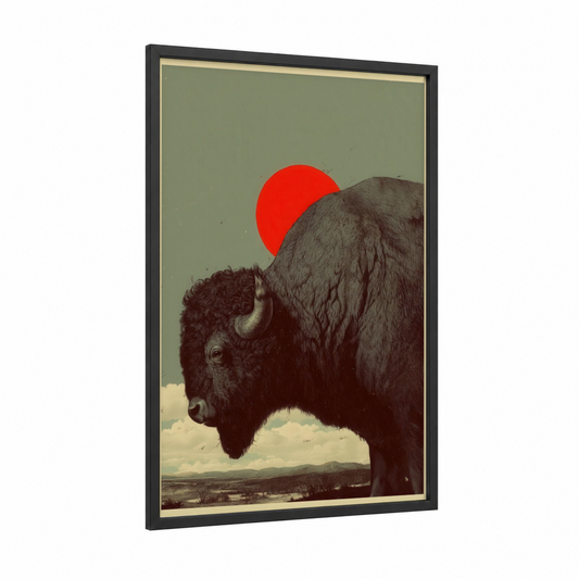 Crimson Sunset Bison framed art print — black wood frame — sage green and red palette