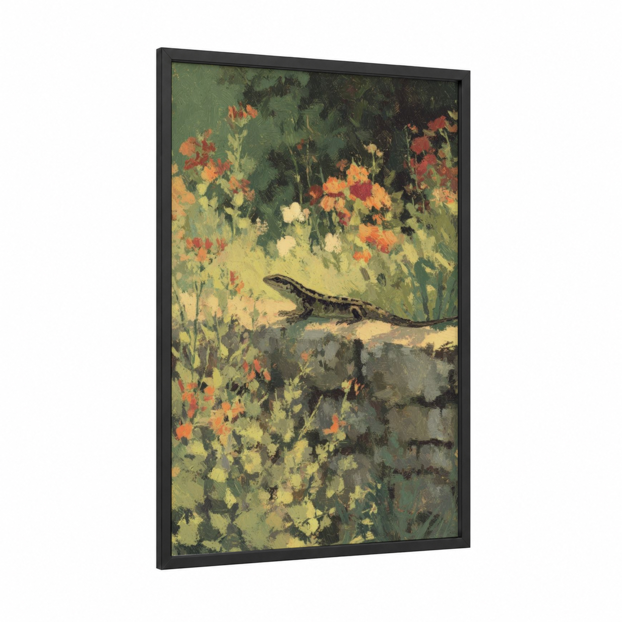 Garden Lizard framed art print — black wood frame — green and yellow gold palette