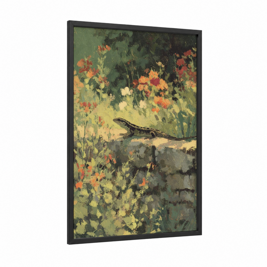 Garden Lizard framed art print — black wood frame — green and yellow gold palette