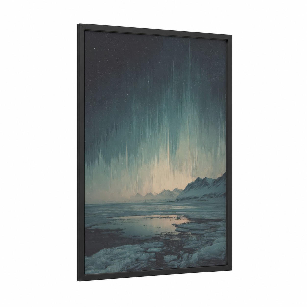 Aurora Coastline framed northern lights print — black wood frame — teal and cream palette