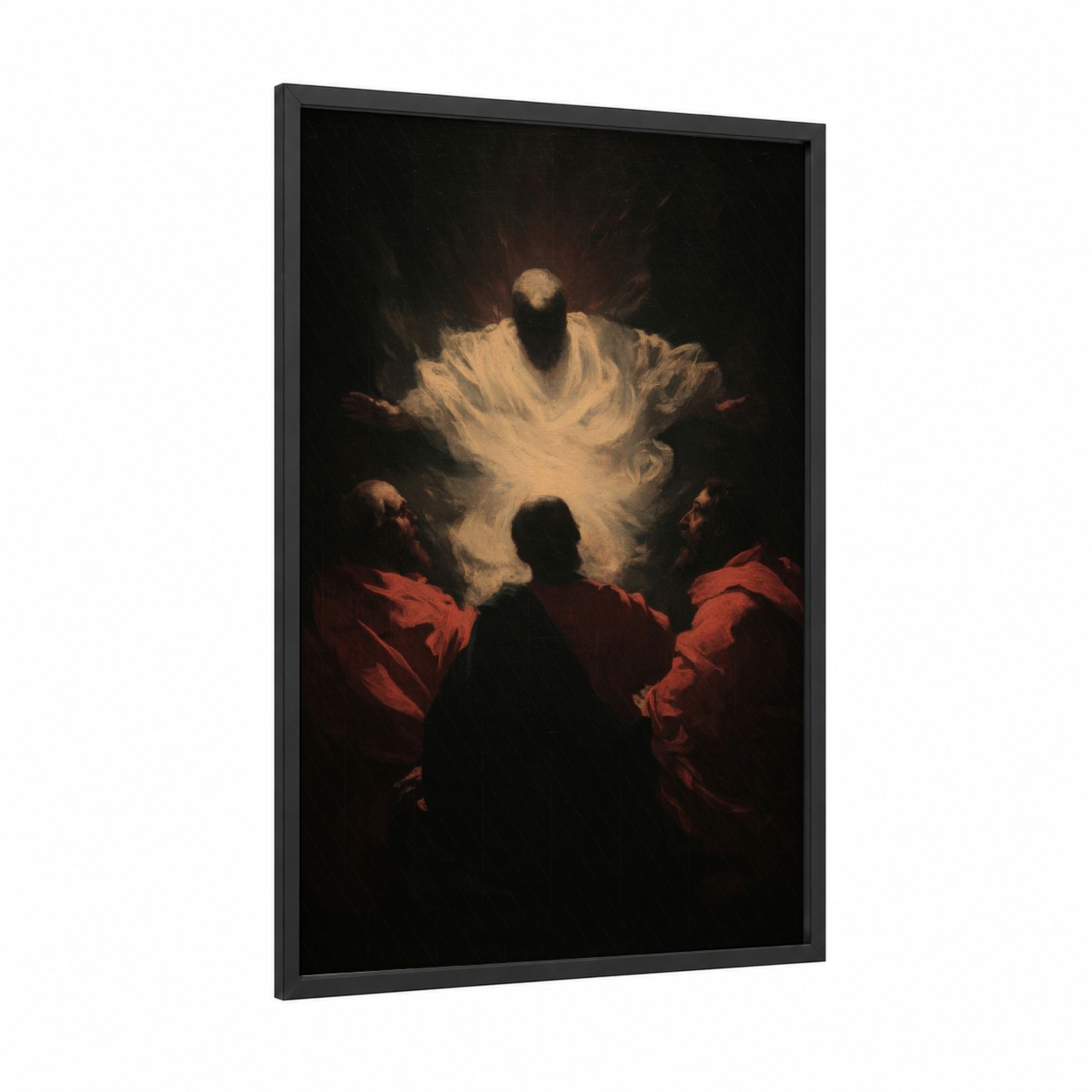 Divine Pentecost framed art print — black wood frame — gold and black and red palette