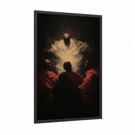 Divine Pentecost framed art print — black wood frame — gold and black and red palette