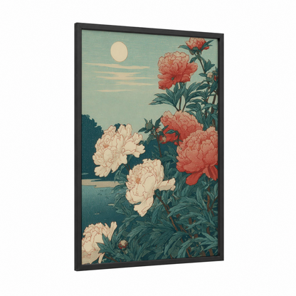 Moonlit Peonies framed peony print — black wood frame — blue and cream palette