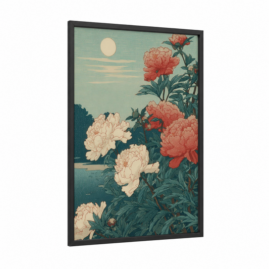 Moonlit Peonies framed peony print — black wood frame — blue and cream palette