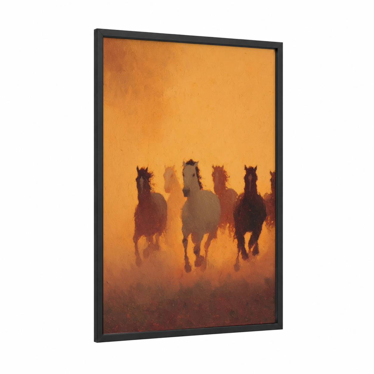 Desert Herd Gallop framed horse racing print — black wood frame — orange and brown palette