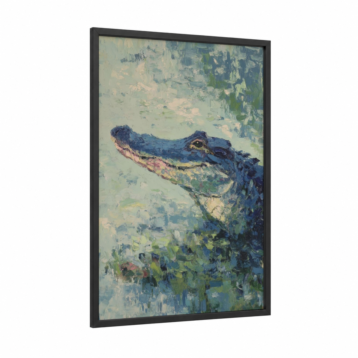 Marsh Alligator framed art print — black wood frame — gray and light green palette