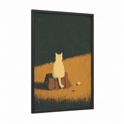 Cricket Field Cat framed art print — black wood frame — dark green and gold palette