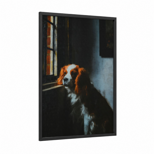 Window Spaniel framed art print — black wood frame — gold and black and white palette