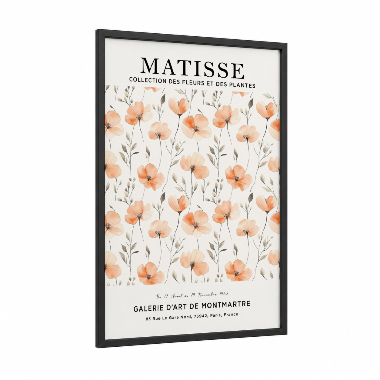 Matisse Poppies framed abstract flower print — black wood frame — peach and sage green palette