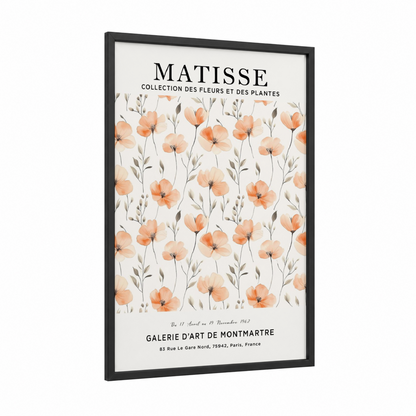 Matisse Poppies framed abstract flower print — black wood frame — peach and sage green palette