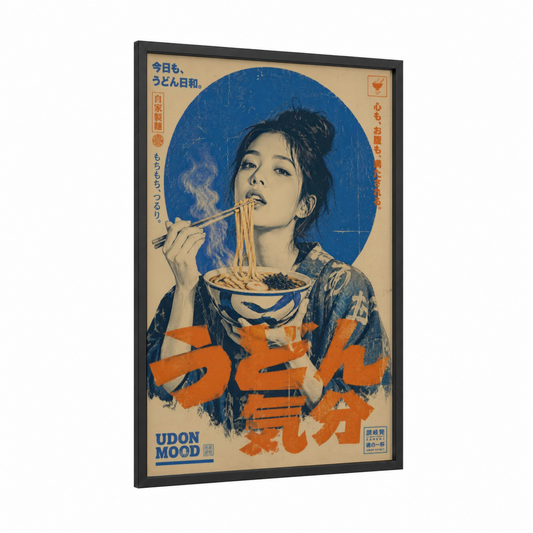 Vintage Japanese Noodle Ad Wall Art framed pasta print — black wood frame — blue and orange palette