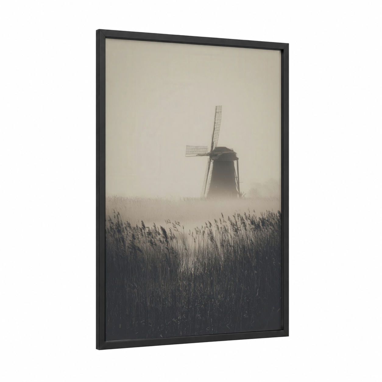 Misty Windmill framed windmills print — black wood frame — gray and black and white palette