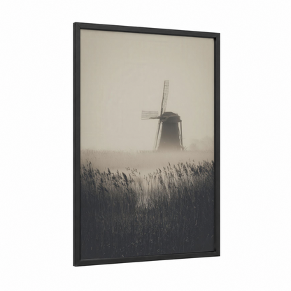 Misty Windmill framed windmills print — black wood frame — gray and black and white palette